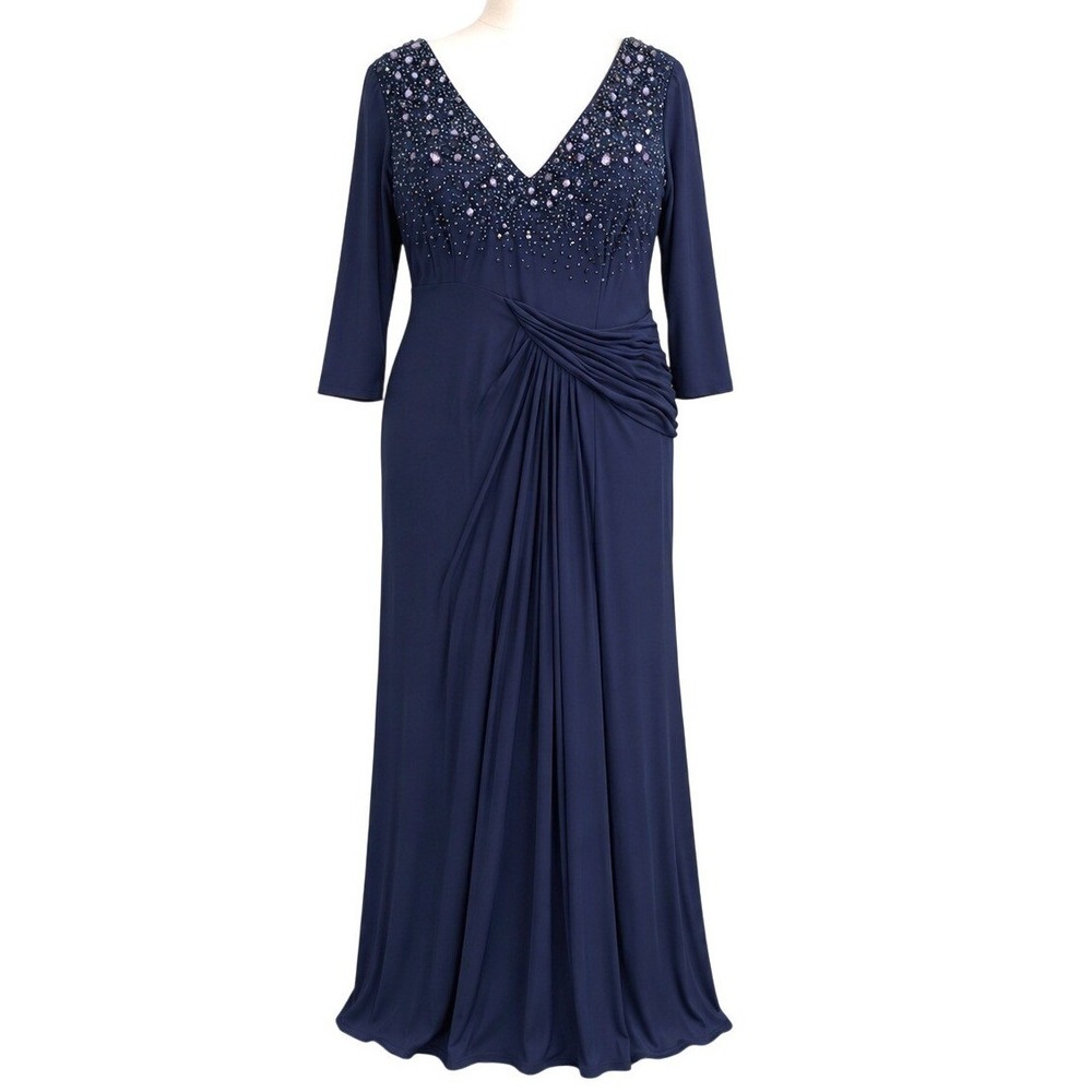 Marina 16W Navy Beaded Ruched Evening Gown 3/4 Sleeve Formal Maxi Dress